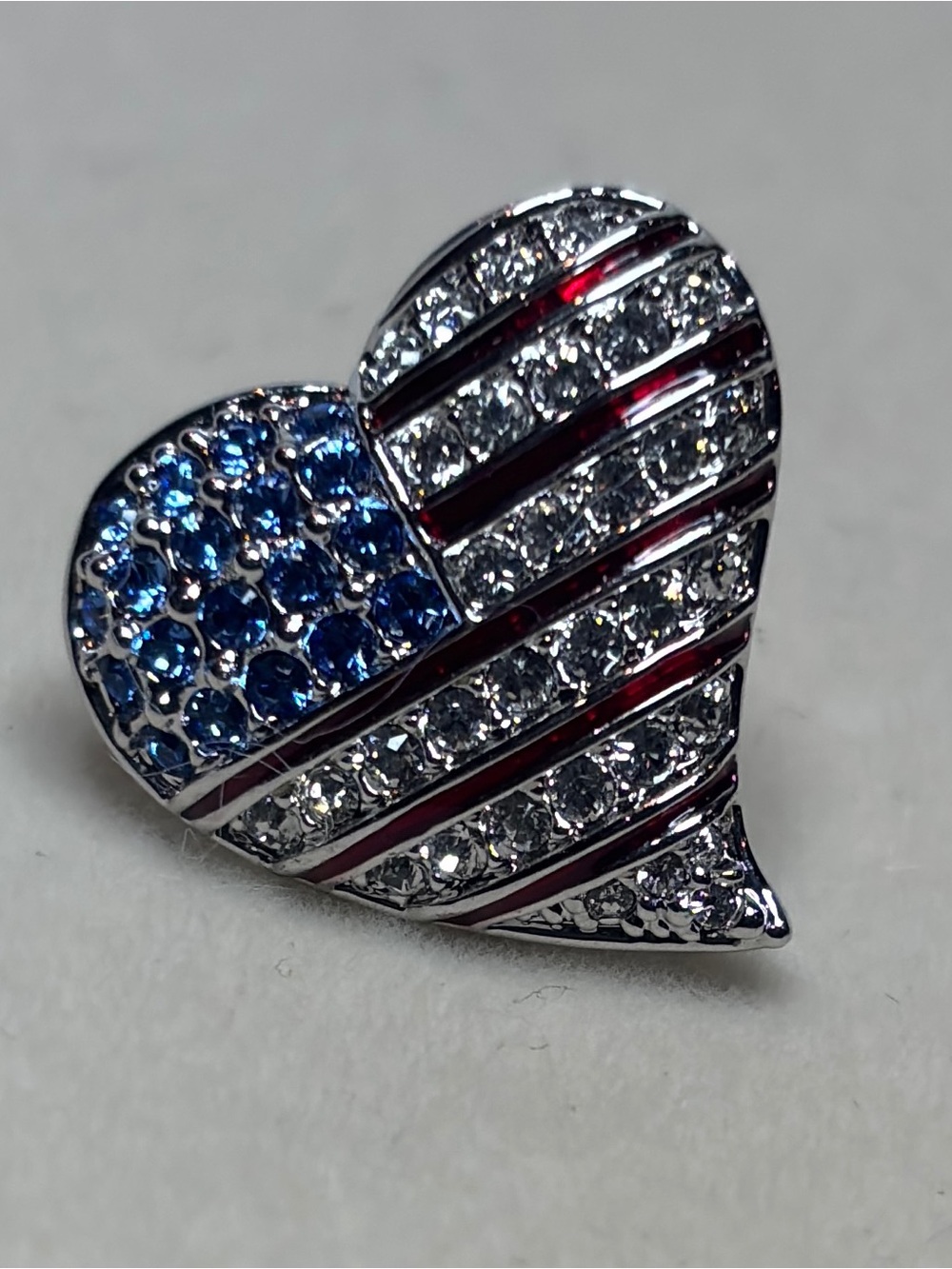 Swarovski American flag heart pin red white & blue crystals 925 Sterling Silver
